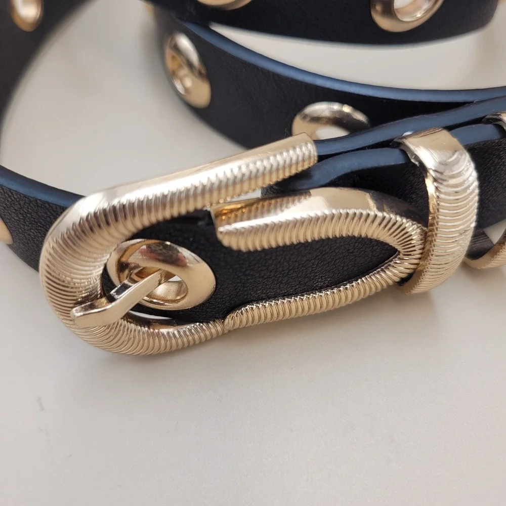 Black Faux Leather Grommet Belt Gold Tone Buckle XL 48 Inch Length Edgy Grunge